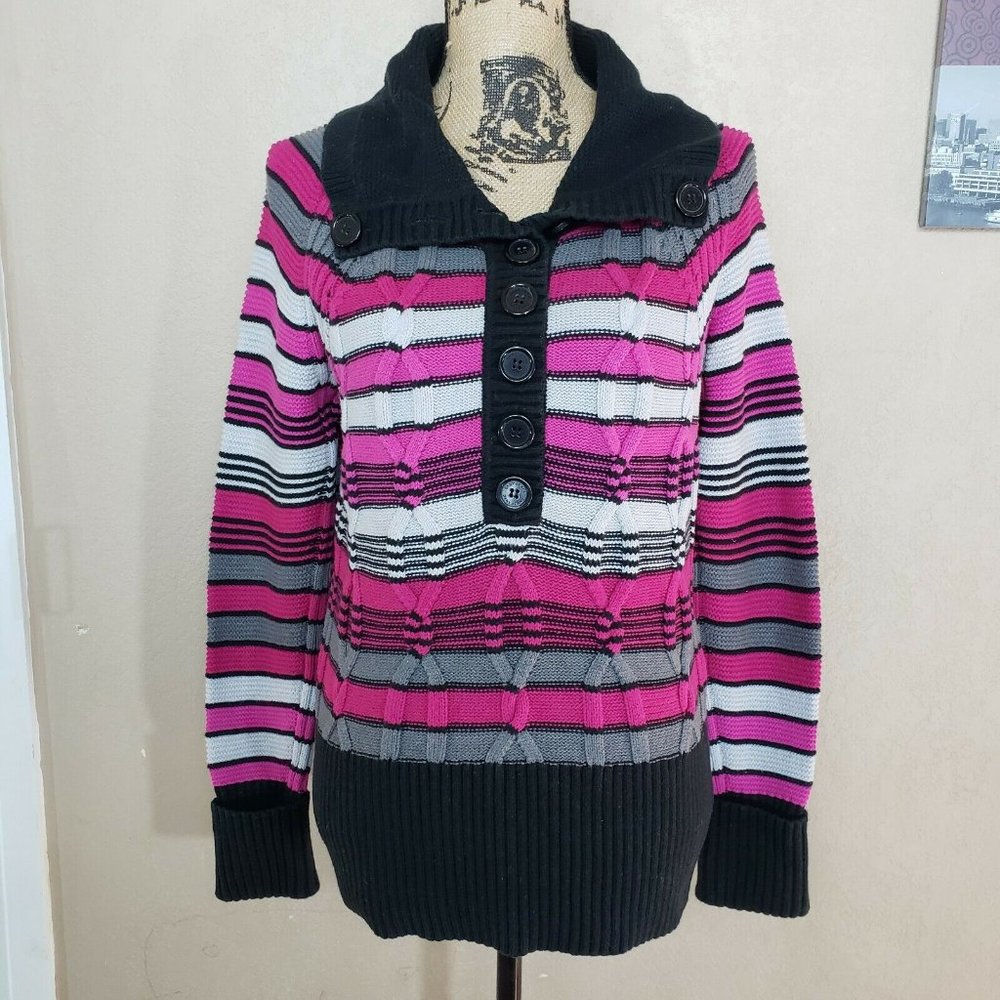 DKNY Striped 1/2 button front knit sweater